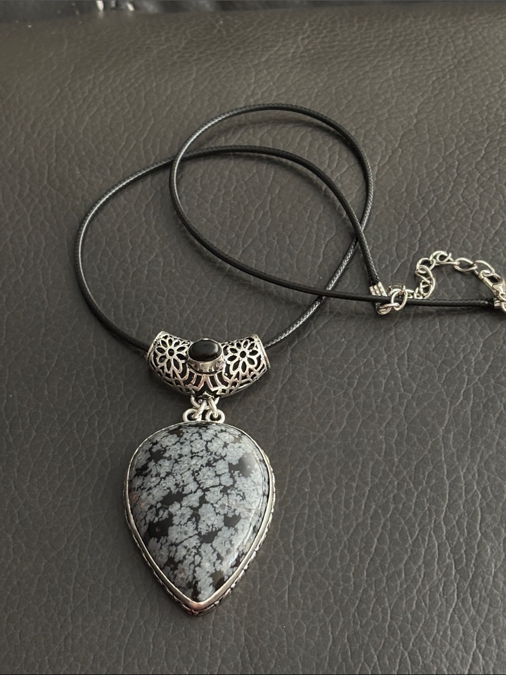 Teardrop Snowflake Obsidian Pendant Necklace